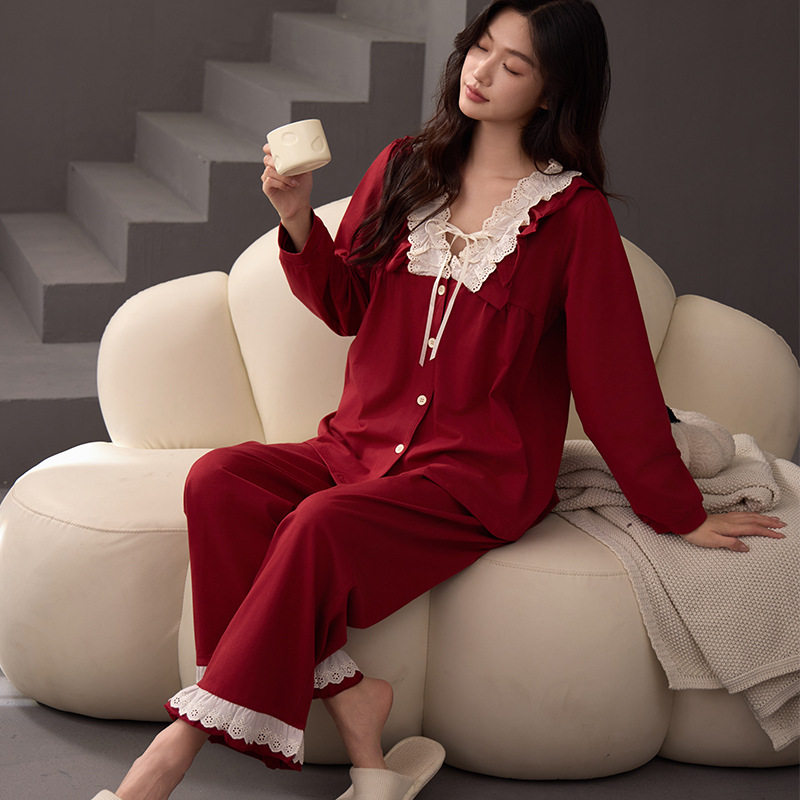 가을 새로운 순면 레드 파자마 여성용 카디건 V-NECK 유행 긴 소매 레드 아웃웨어 홈 의류 여성용 세트