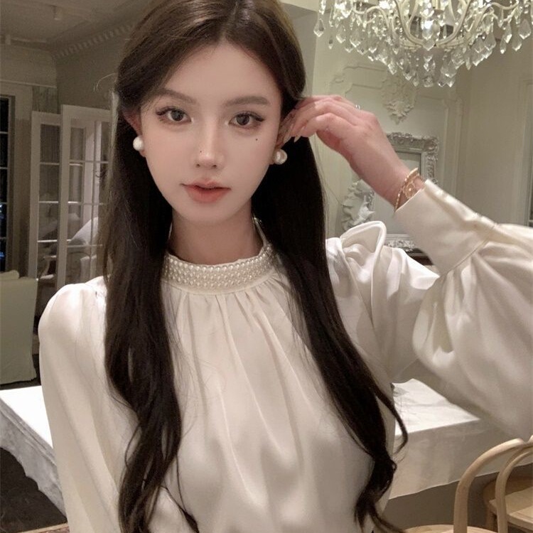 Chanel-Style Puff Sleeve Satin Blouse for Women, Autumn and Winter Pure French Socialite Half-High Collar Top, Base Layer Inner Shirt