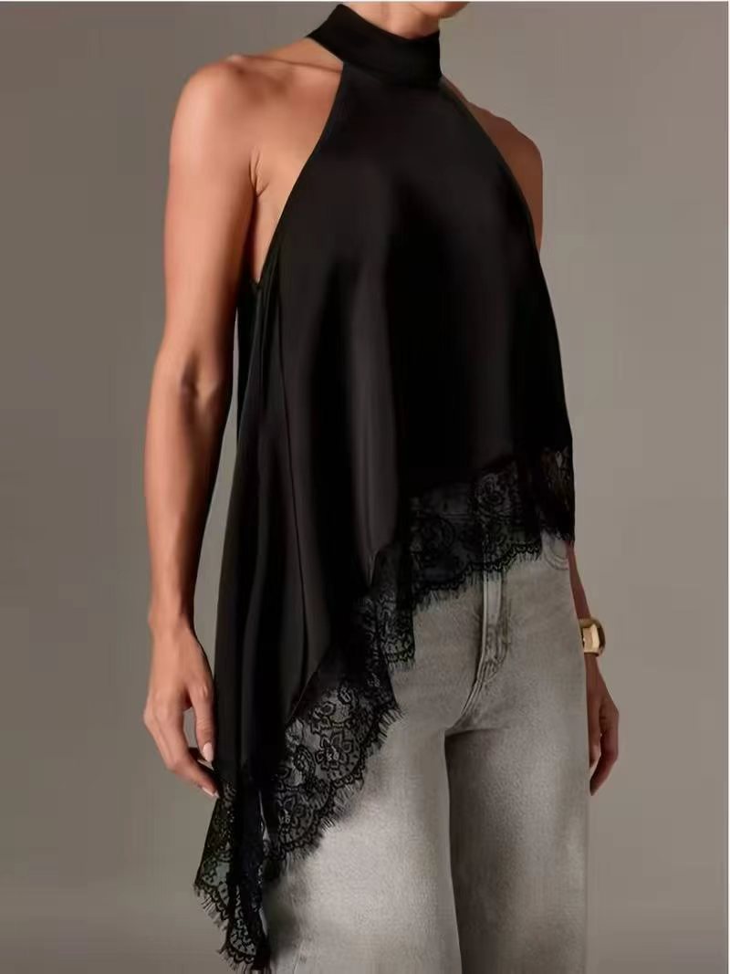 New cross-border European and American style halter neck satin tank top for women, asymmetrical lace patchwork sleeveless top, fashionable and elegant