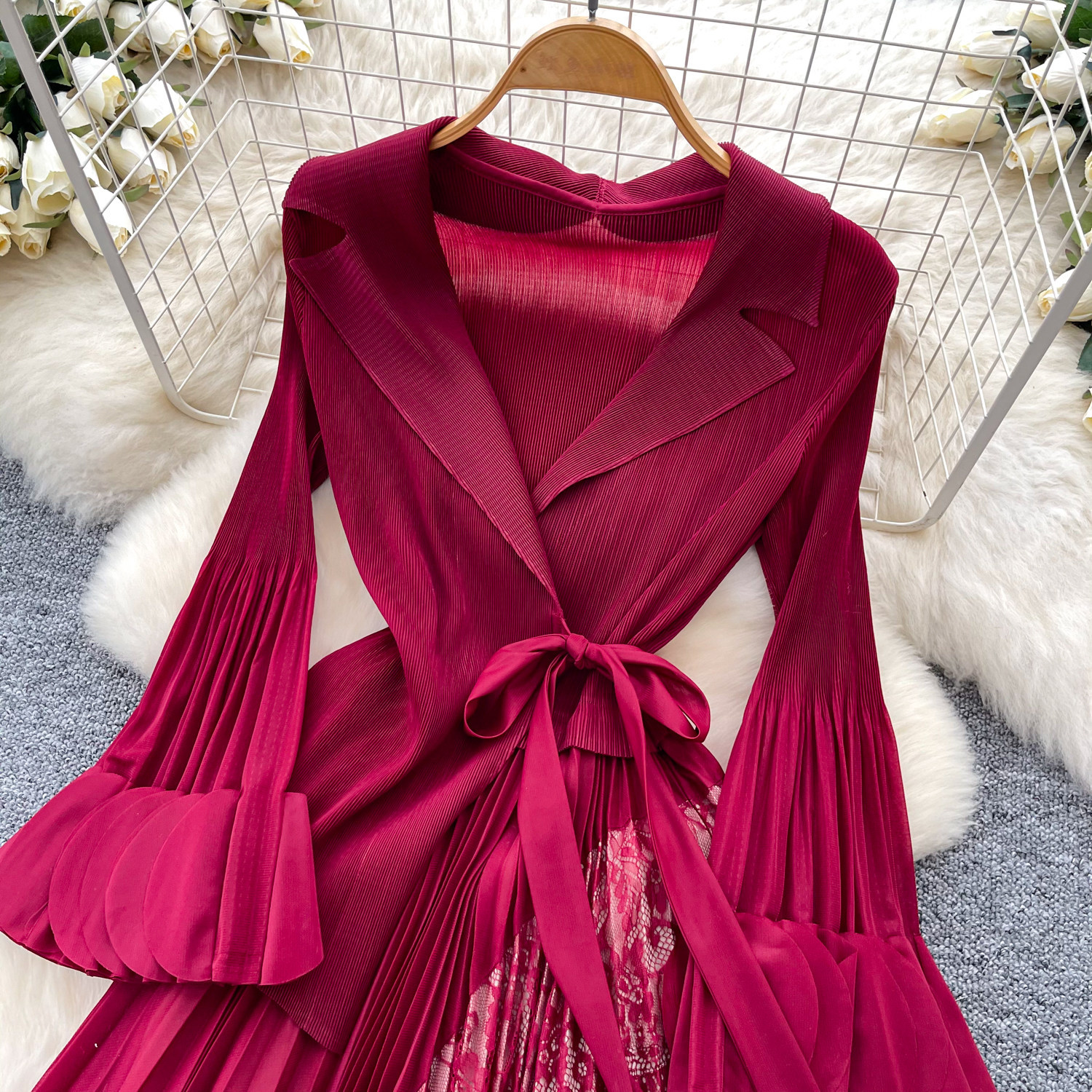 Elegant V-Neck Floral Print Maxi Dress Wrap Style Flared Sleeves Ruffle Hem Office-Ready One-Size Fits US 4-12 Four Colors_ecoleips.com