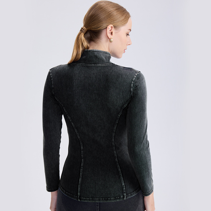 Nueva chaqueta de yoga de mezclilla con cremallera para otoño e invierno para mujer, cuello alto, ajuste delgado, ceñida, ropa deportiva con doble bolsillo, top deportivo