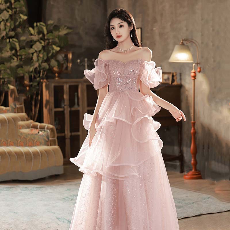 Vestido de noche estilo francés para mujer, nuevo modelo 2026, elegante estilo socialité, para presentaciones, exámenes de arte, súper elegante, color rosa hada, para banquetes de compromiso