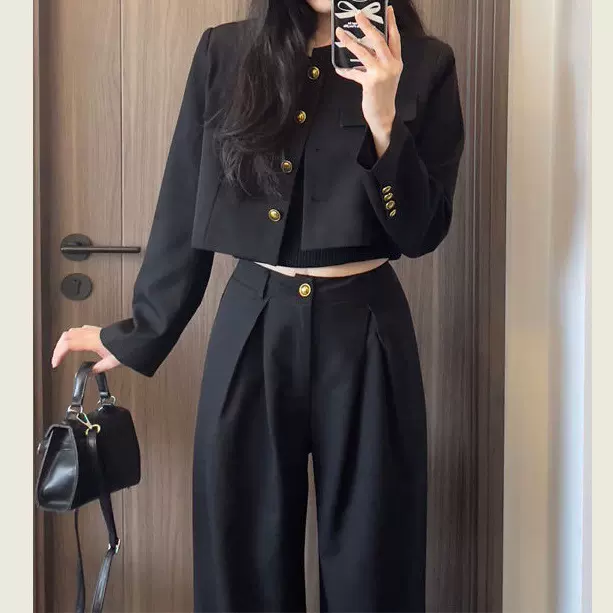 气质套装女2025春秋季新款时尚短款西装外套上衣高腰直筒裤两件套