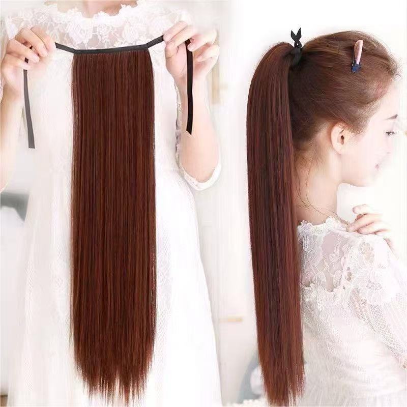 Peruca de cabello de mujer larga, cabello recto, cola de caballo, cinta invisible, rollo de flores de pera, cola de caballo, pelucina de cabello suelta, pelucina de cabello simulada, pelucina delgada