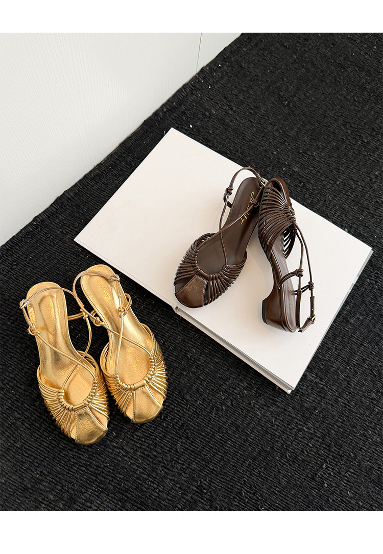 Sandal nữ quai mảnh buộc chéo gót trung bình phong cách Hàn Quốc — màu nâu chi tiết 23