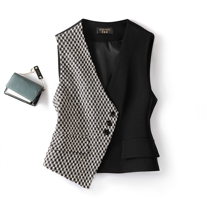 Color-Blocked V Neck Vest for Women Short 2025 Spring and Autum New Sense of Design Design Asymmetrical Casual Vest Outer Wear