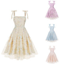 欧美跨境外贸女装新款吊带立体花朵重工刺绣气质大摆连衣裙8127