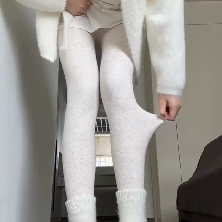 燕麦白色棉竖条纹打底裤女秋冬外穿加绒加厚保暖裤日系踩脚连裤袜
