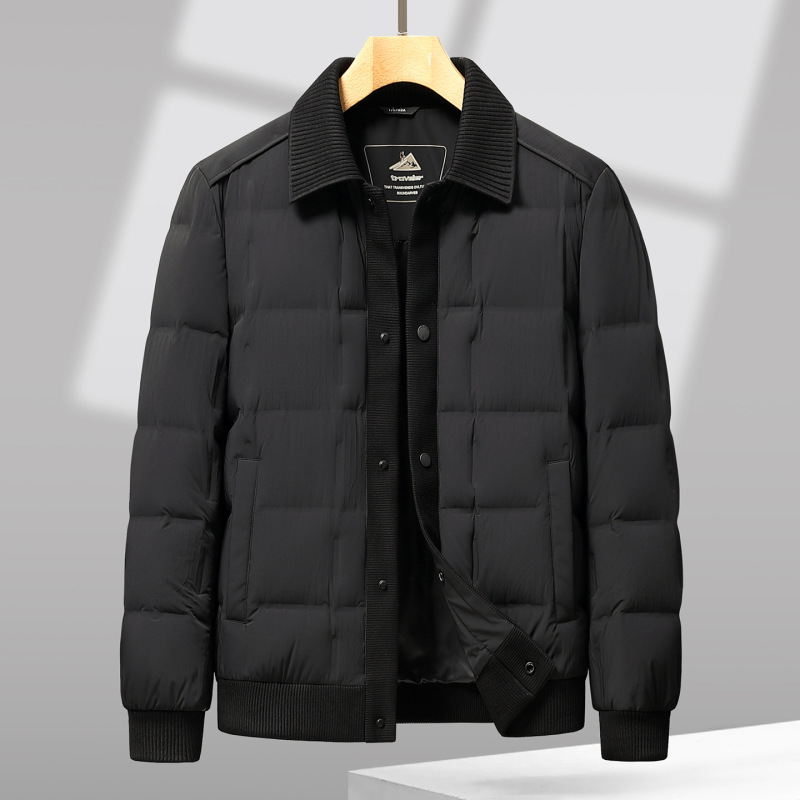 2025冬季翻领羽绒服男外套轻薄针织领休闲纯色简约上衣|undefined