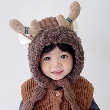 冬季儿童护耳帽针织加厚保暖圣诞节新款男女宝宝毛线帽防风一体帽