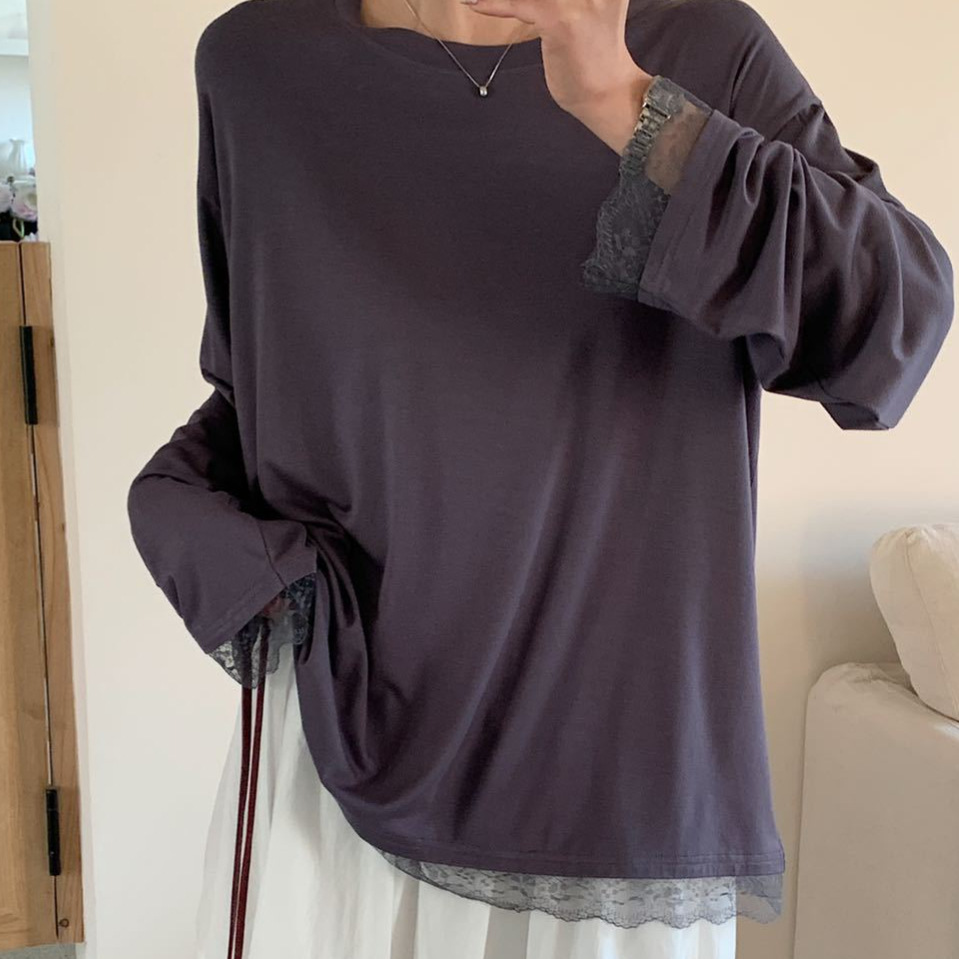 Diseño de la camisa de fondo con costuras de encaje de todo fósforo 2024 otoño e invierno nuevo estilo lijado adelgazante top temperamento de moda femenina