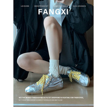 羊皮新款春秋芭蕾风银色内增高德训鞋女休闲运动鞋子系带平底板鞋