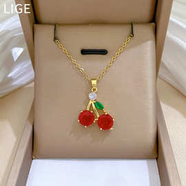 【钛钢】水果红色樱桃满钻轻奢气质华丽满钻项链女百搭锁骨链钛钢