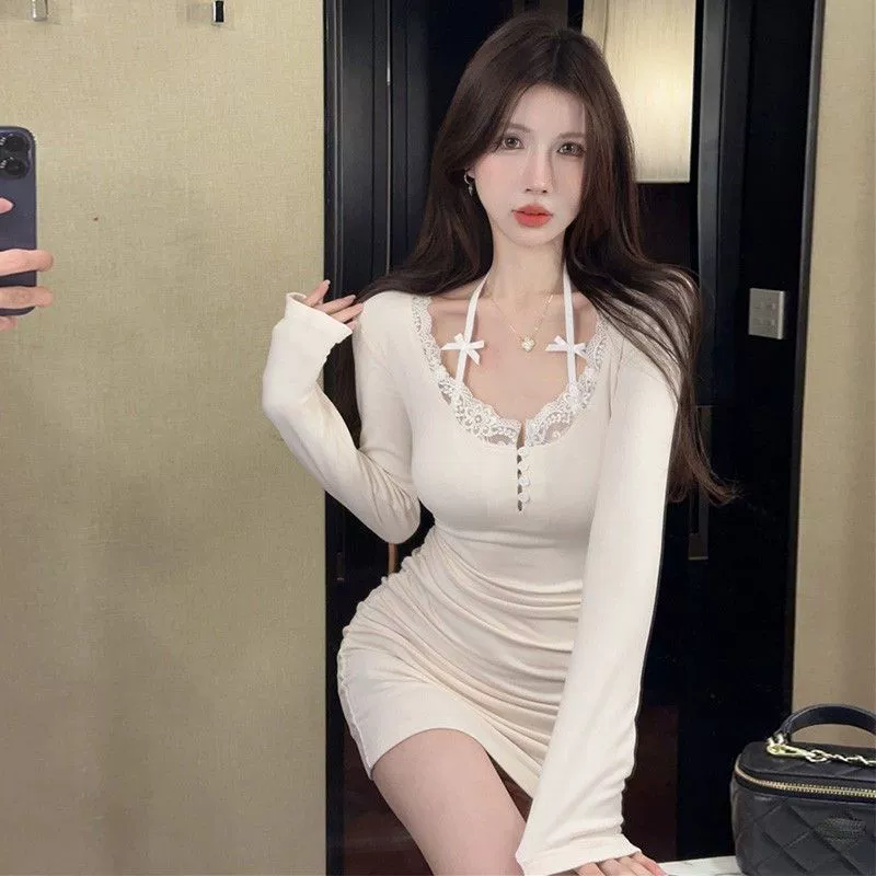 Трансграничный новый чистый ветер горячая девушка сексуальная кружевная сшитая платье с длинными рукавами весной и осенью тонкая юбка бедра
