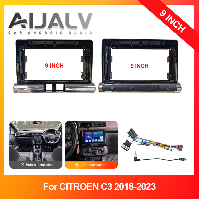 Suitable for 18-23 Citroen C3 Android Large-Screen Navigation Modification Frame Audio and Video Modification Panel 9inch Bright Black Silver Bottom