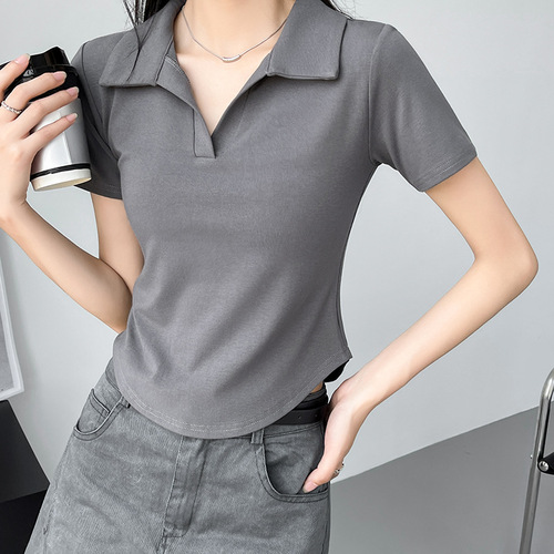 Summer new style slim low V-neck solid color inner top, short outer wear, right shoulder short-sleeved U-neck T-shirt for women