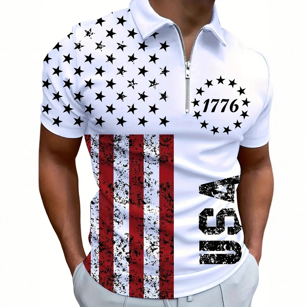 Paño de malla de alta calidad transpirable suelta manga corta solapa cremallera POLO camisa clásica bandera de EE. UU. Impresión digital 3D
