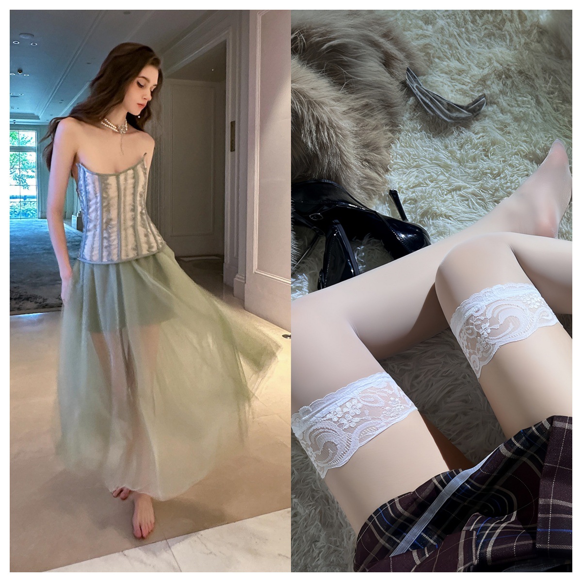 연한 녹색 정장 + 흰색 스타킹