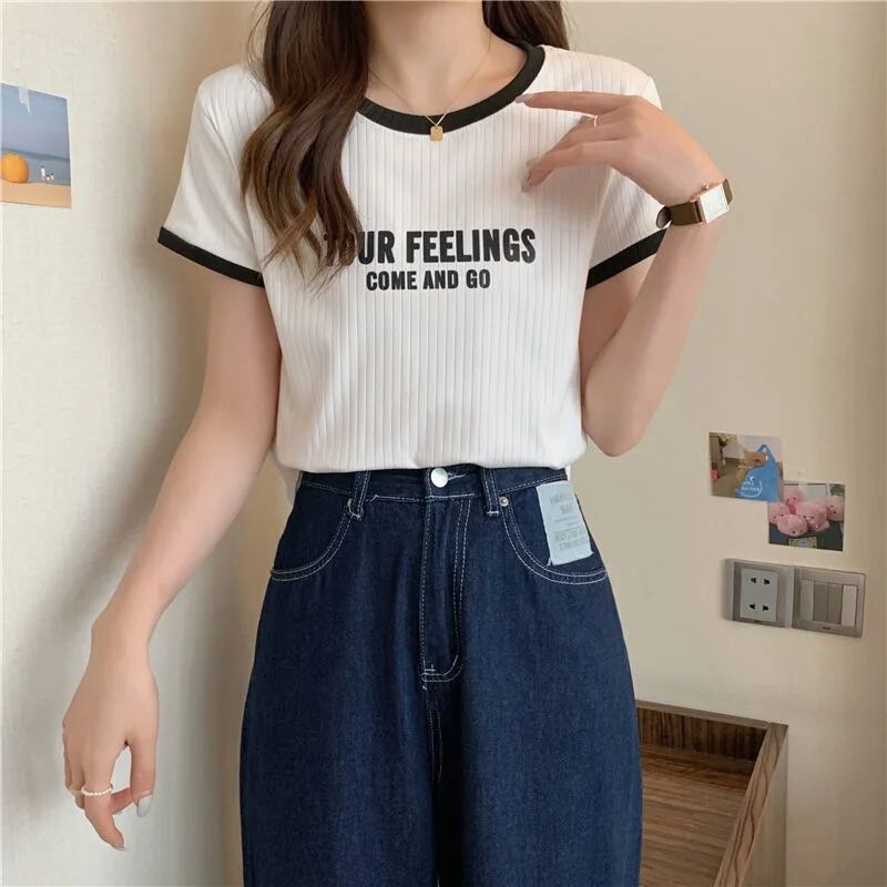 Short-Sleeved T-Shirt Women's Threaded Slim Fit Inner Wear Summer 2025 Korean Style New Round Neck Ins Casual Contrast Top Short-Sleeved T-Shirt Women's Threaded Slim Fit Inner Wear Summer 2025 Korean Style New Round Neck Ins Casual Contrast Top