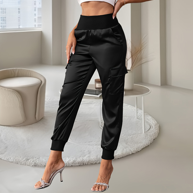 Moda transfronteriza europea y americana de moda de primavera y verano calle Hipster multi-Bolsillo Flip diseño cintura alta pantalones atados al tobillo