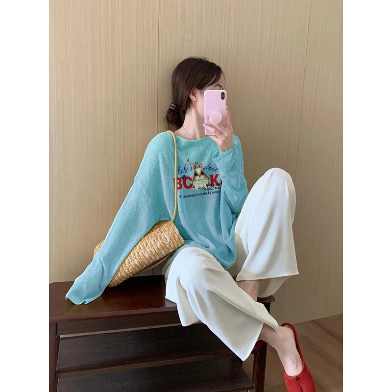 2025 Super Hot Age-Reducing Loose Casual Versatile Top Cute Blue Rabbit Print Ice Silk Long-Sleeved T-Shirt for Women Summer