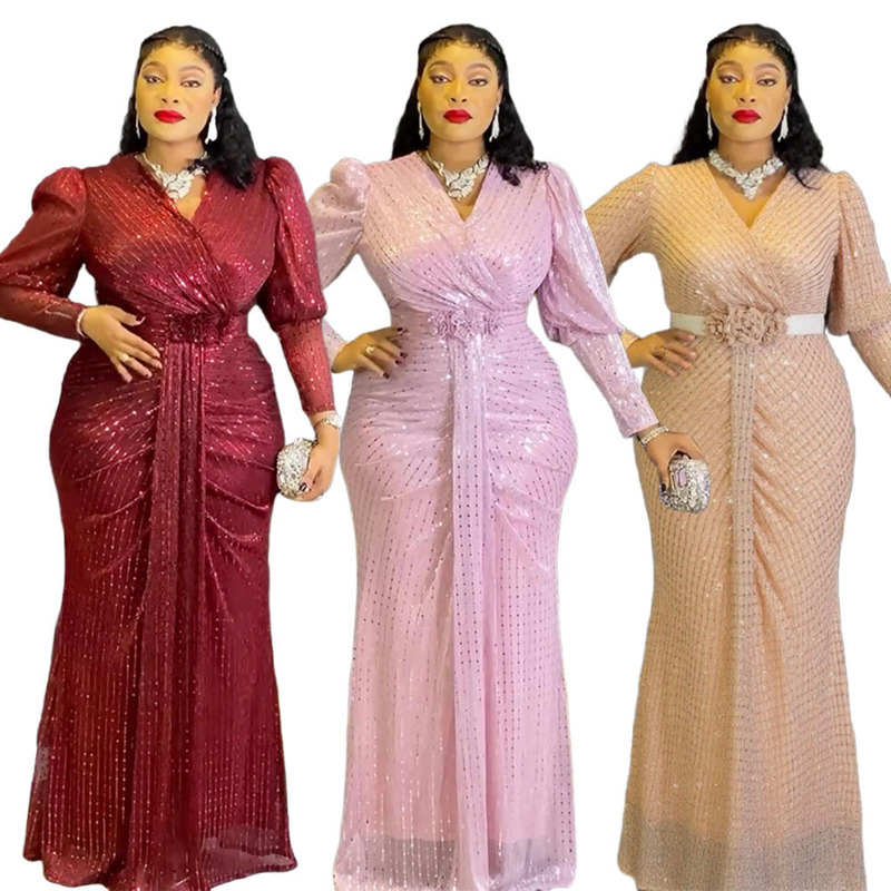 Cross-Border Foreign Trade Aliexpress Plus Size Women's Fashion African New Sequin Party Evening Dress Elegant Style Dress
