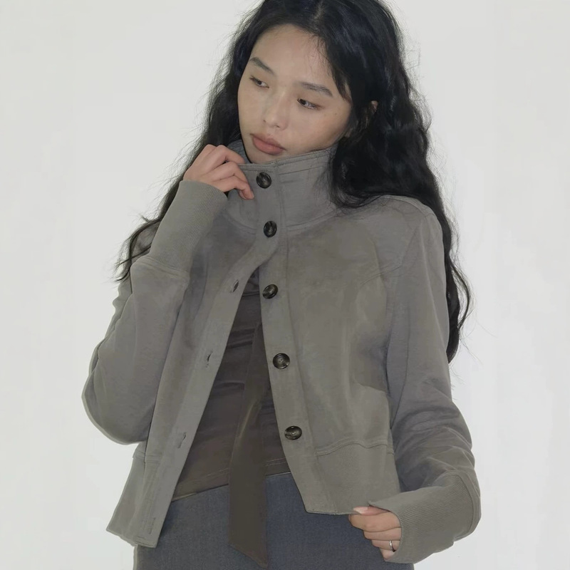 Mito de dar Brushed Stand Collar Short Slim-Fit Waist-Cinching Urban Style Clean Low-Saturation Casual Jacket