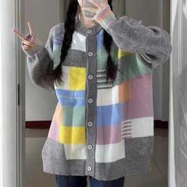 彩色格子毛衣女秋冬美式复古新款韩版宽松小众设计感针织开衫外套