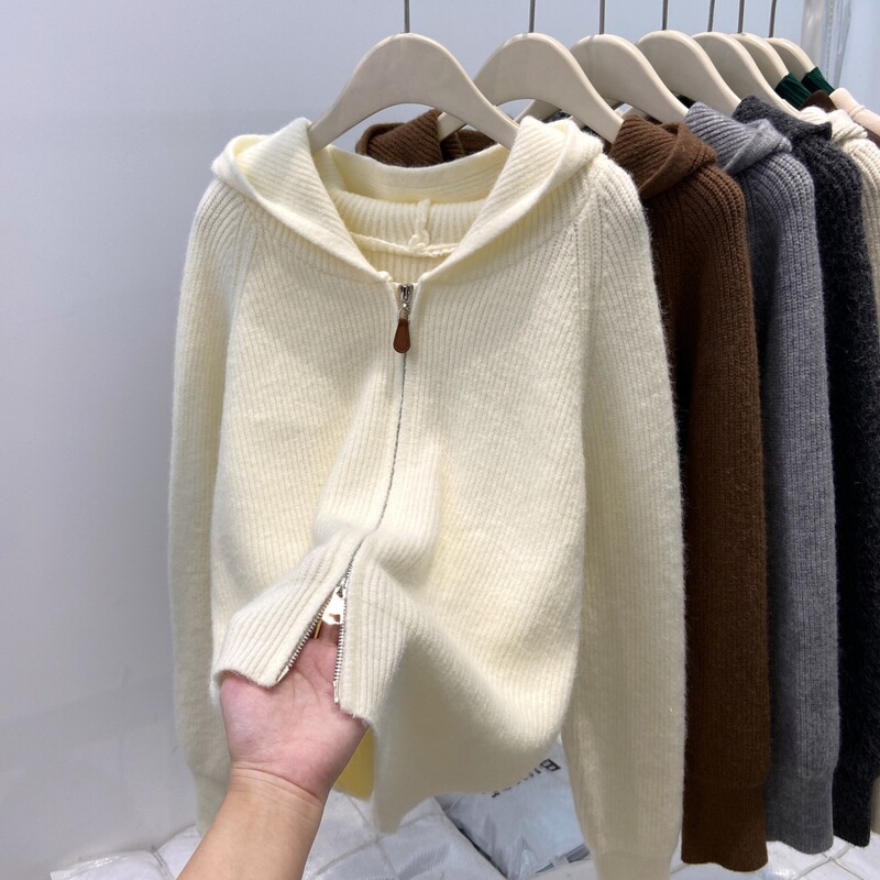 Autumn and Winter Double Zipper Knitted Sweater Jacket for Women 2025 Popular Hooded Pit Strip Design Age-Reducing Cardigan for Small People