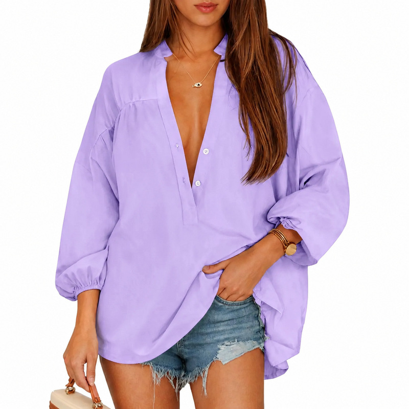 European and American cross-border women's clothing, loose-fitting solid color casual V-neck three-quarter sleeve asymmetrical hem shirt, new TikTok style European and American cross-border women's clothing, loose-fitting solid color casual V-neck three-quarter sleeve asymmetrical hem shirt, new TikTok style