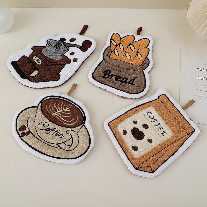 Cross-Border New Product Coffee-Style Cartoon Hand Towel Bathroom Absorbent Handkerchief Coral Fleece Small Towel Kitchen Cleaning Cloth
