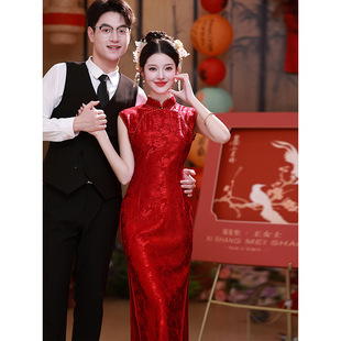 Wedding Cheongsam Toast Dress Red Sleeveless Engagement Banquet Chinese Wedding Day Bridal Dress plus size Jacquard
