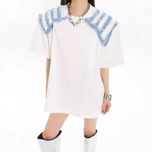 牛仔布拼接2024春夏新款设计感牛仔拼接圆领宽松情侣短袖T恤上衣