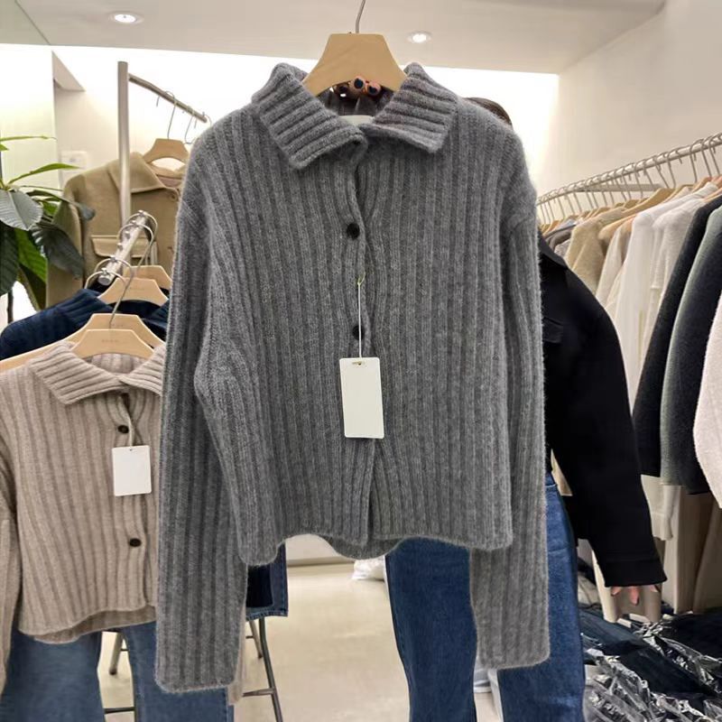 Korean-style Exquisite Wool Cardigan Autumn Bursting Feeling Women's POLO Collar Cardigan Sweater Loose Laps Collar Coat Base Shirt
