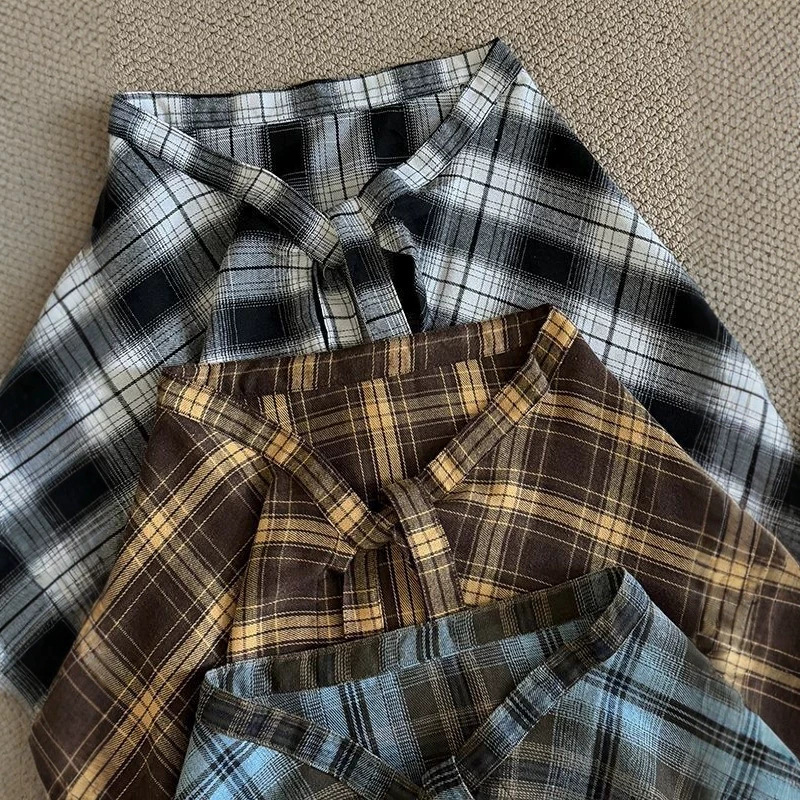 Trendy Niche Layered Plaid Skirt for Women, 2025 Autumn New High-Waisted Tie-Up Versatile A-Line Short Skirt