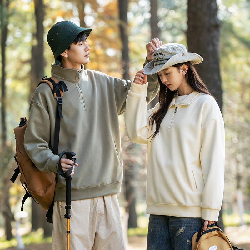 Kunhai Pengyun Men's Autumn New Fleece-Lined Thickened Stand-Up Collar Sweatshirt Men's Mountain-Style Outdoor Solid Color Polo Shirt