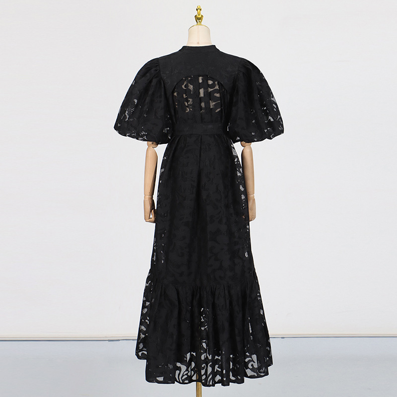 Retro Design Maxi Dress Spring Summer Single Breasted Printed Lace up Short Sleeve Long Pattern Dress Women