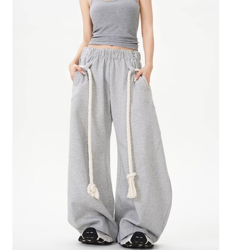 Autumn and Winter American Retro Drawstring Sweatpants Women's Gray Wide-Leg Scimitar Pants Loose Casual Sweatpants Straight-Leg Floor Mopping Pants Autumn and Winter American Retro Drawstring Sweatpants Women's Gray Wide-Leg Scimitar Pants Loose Casual Sweatpants Straight-Leg Floor Mopping Pants