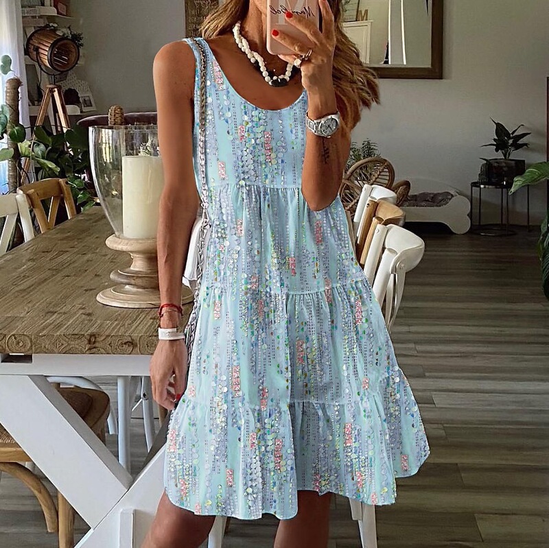 2024 Cross-Border Spring and Summer New Casual Fashion Floral Print Loose Round Neck Sleeveless Mid-Length Dress 2024 Cross-Border Spring and Summer New Casual Fashion Floral Print Loose Round Neck Sleeveless Mid-Length Dress