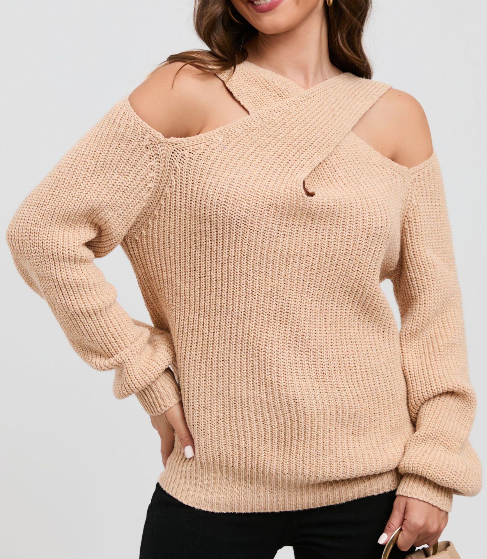 2023 nuevo Amazon primavera y otoño color sólido fuera del hombro Cruz Halter linterna manga suéter para mujeres