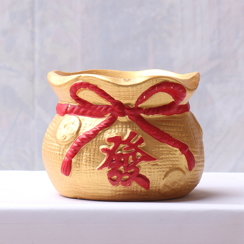 喜庆中国红金色盆发财树蝴蝶兰绿植家用客厅花盆大中小发财钱袋盆