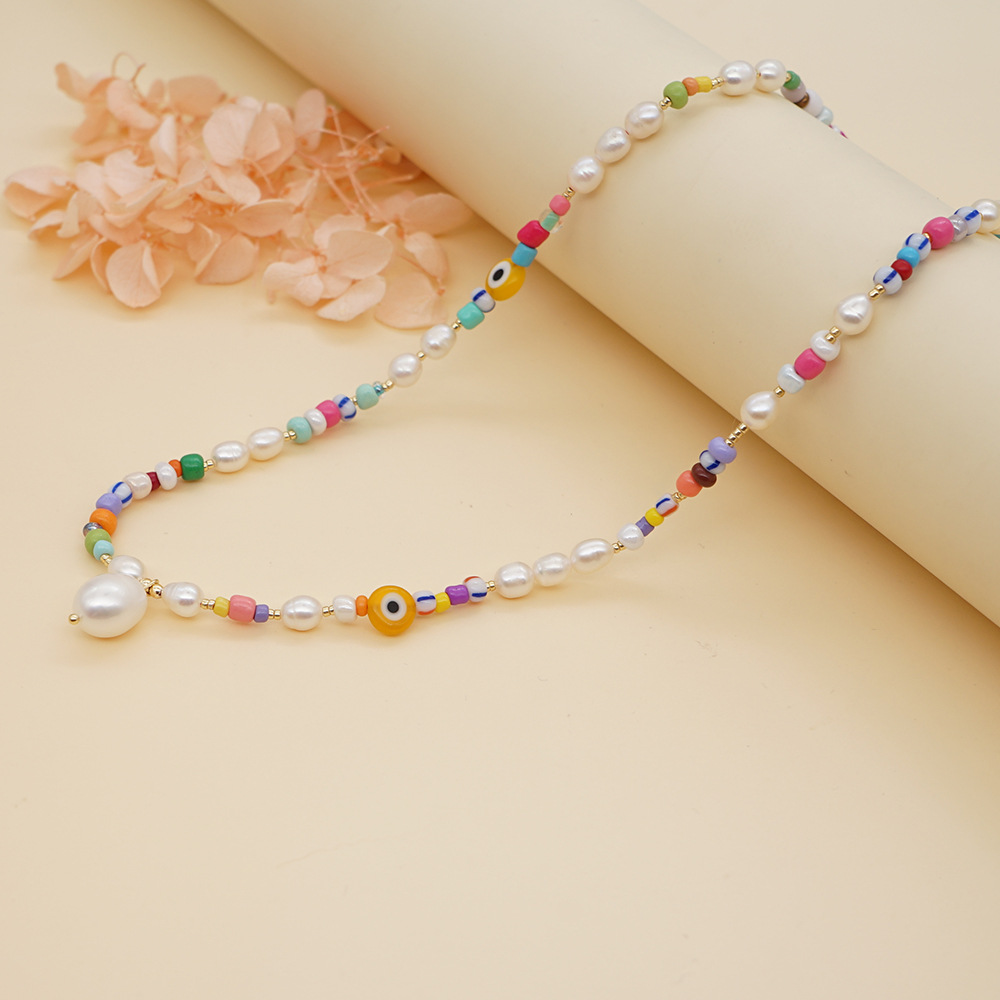 Bohemianfreshwater Pearl Handmade Eye Bead Rainbow Necklace display picture 6