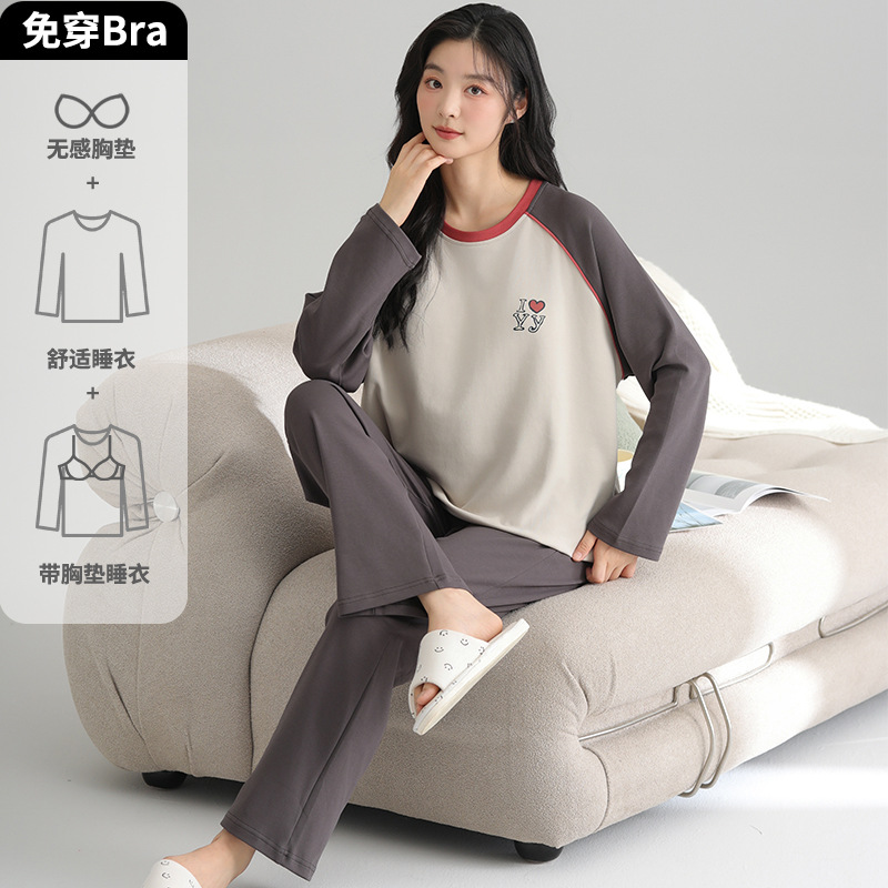 Pijama de mujer otoño y invierno pantalones de mangas largas con cojín de pecho suelto encantador traje deportivo casual de dibujos animados ropa para el hogar