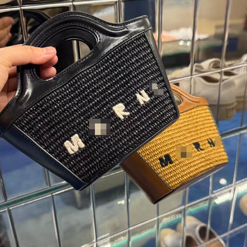 Marni's Popular Handbag, Raffia Mini Beach Bag, Fashionable and Versatile Shoulder and Crossbody Commuter Bag for Women