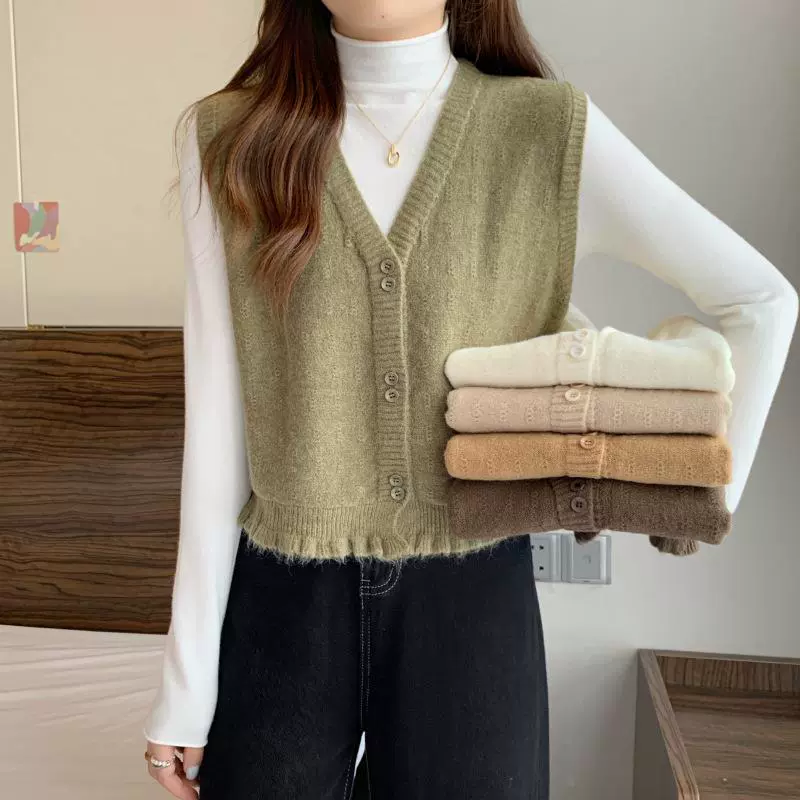 2023新款针织毛衣背心马甲开衫女春秋外穿内搭木耳边叠穿v领坎肩