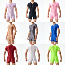 欧美跨境性感打底连体衣外贸男士油亮光泽丝滑紧身高弹大码7137