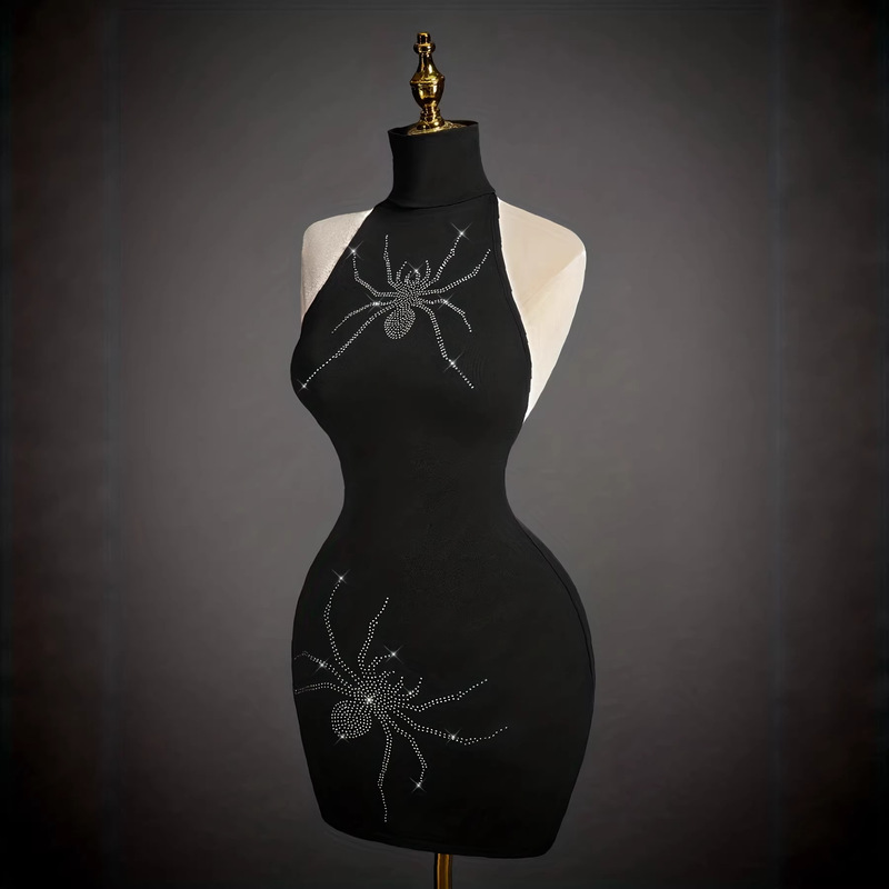 Spider Rhinestone Embellished Halter Neck Dress, Black Tight-Fitting Bodycon Mini Skirt, Gothic Dark Style Party Outfit Spider Rhinestone Embellished Halter Neck Dress, Black Tight-Fitting Bodycon Mini Skirt, Gothic Dark Style Party Outfit