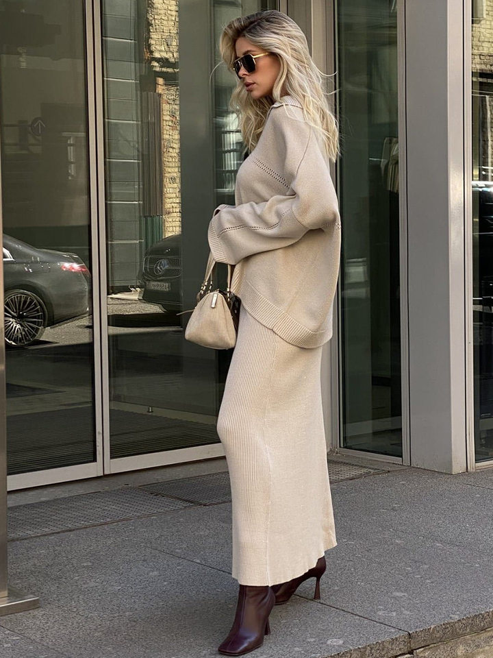 Bộ đôi áo len dệt kim cổ V tay dài phối chân váy, áo dài 50–65 cm — Màu camel, Màu trắng, Màu xám, Màu đen chi tiết 39