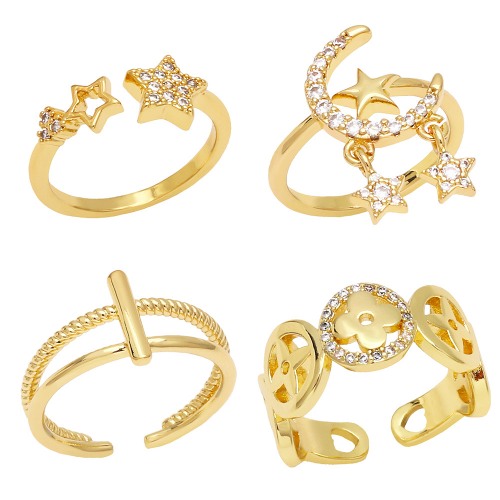 retro copper inlaid zircon moon star open tail ring