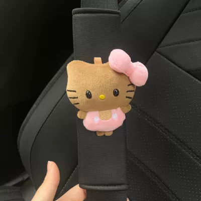Black Leather Mini Hello Kitty Seatbelt Shoulder Pads, Cute Car Interior Accessories, New Car Gift (Seat belt shoulder pad) - black-ice-silk-shoulder-pads-b103-black-leather-pink-kt